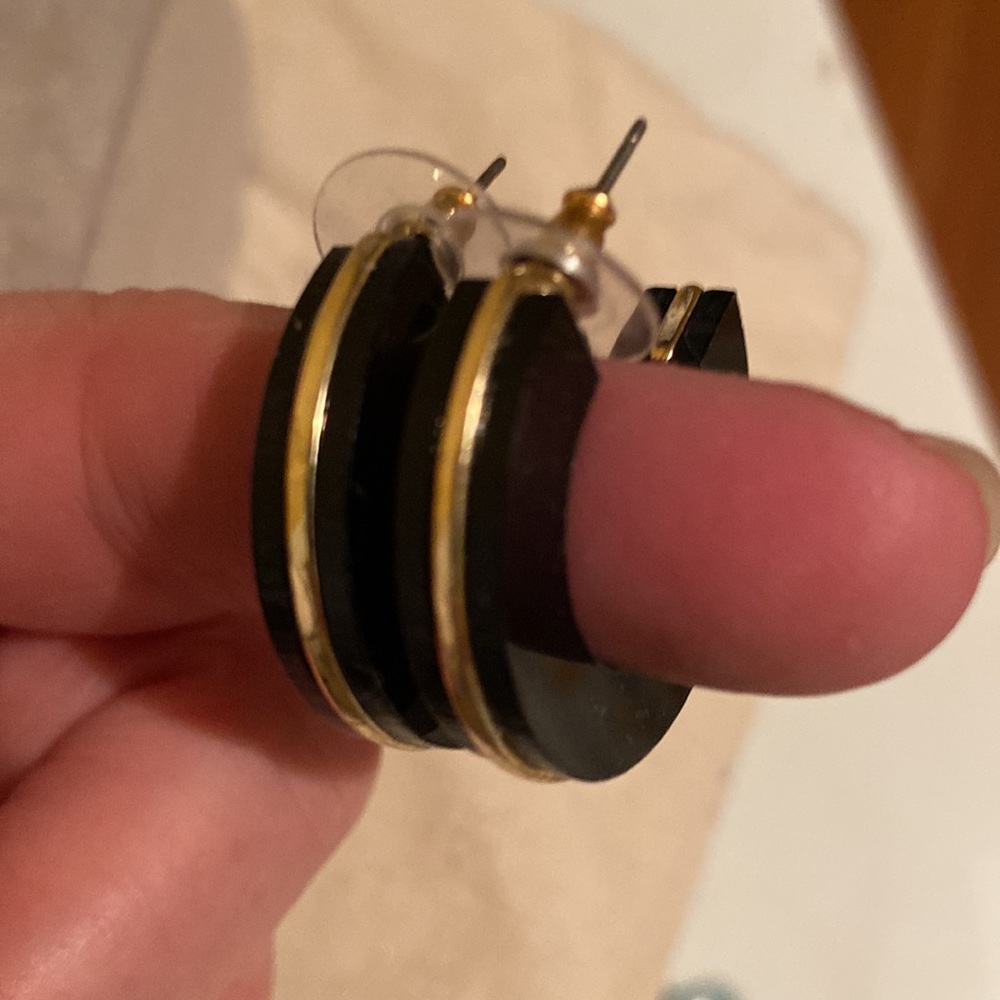 Vintage black lucite and gold hoops